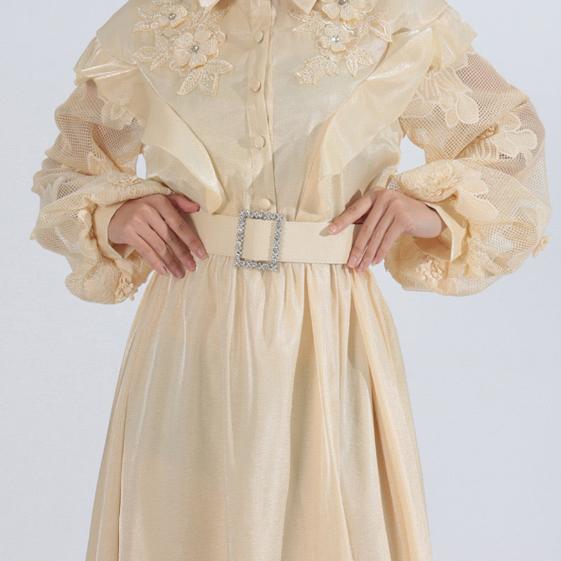 Floral embroidery belted maxi dress