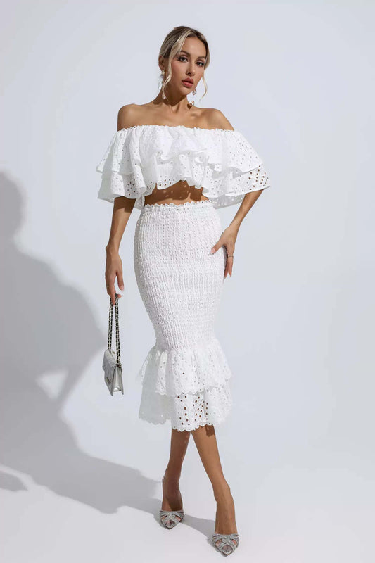 Winnie off shoulder ruffle set-White