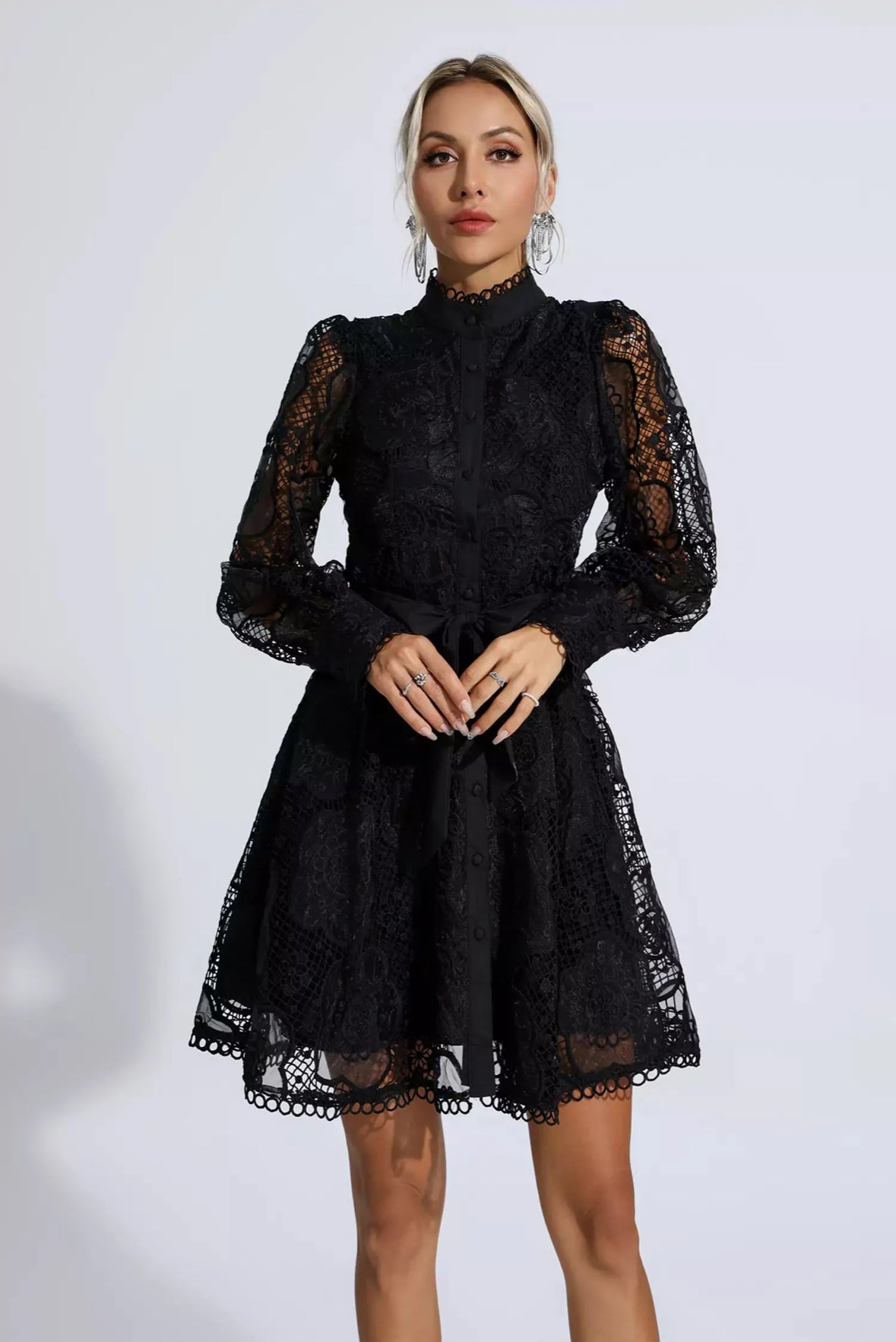 Floral lace tied black  mini dress