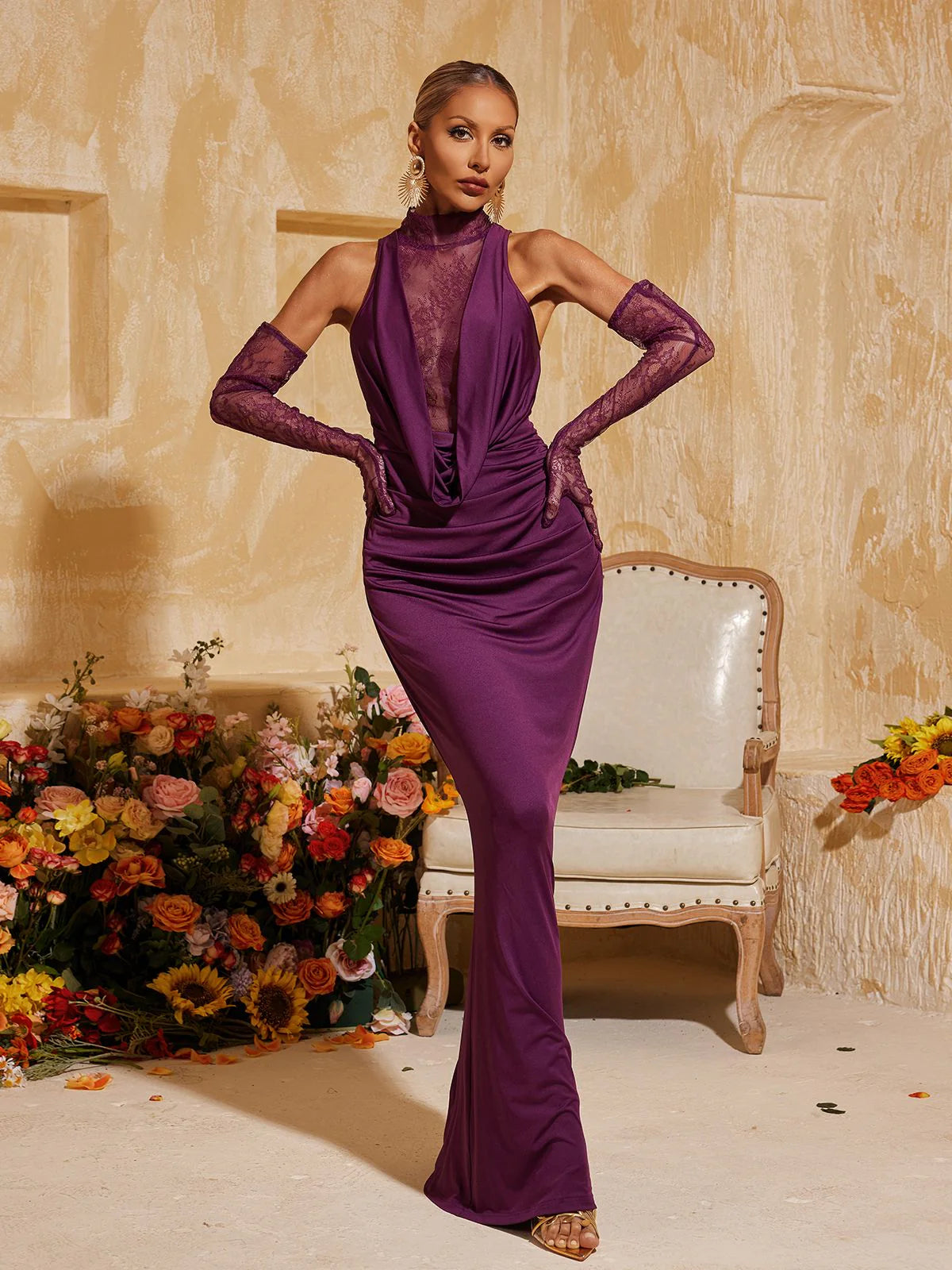 Viola Lace-Panel Evening Gown