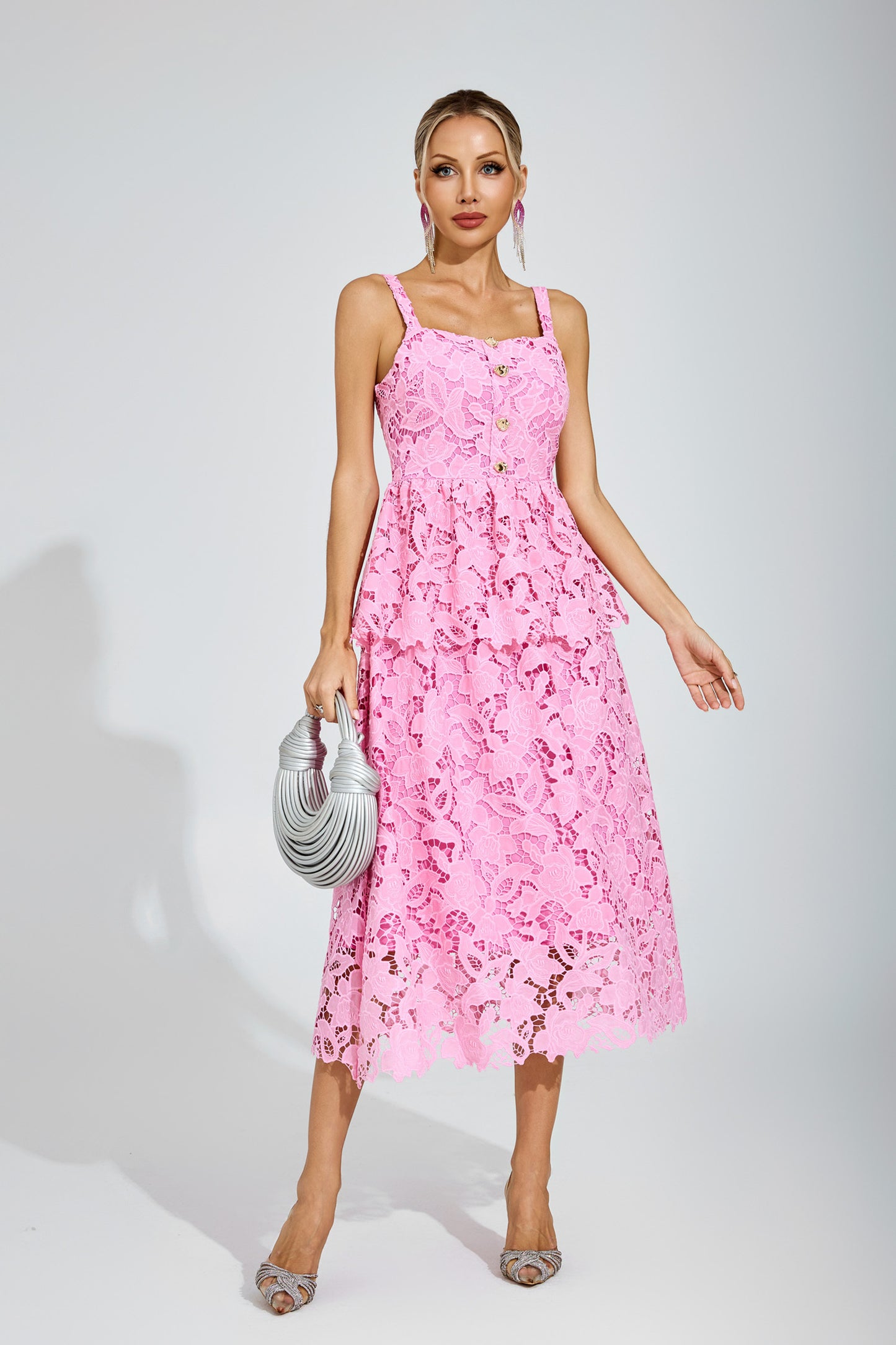 Amélie Pink Lace Peplum Midi Dress
