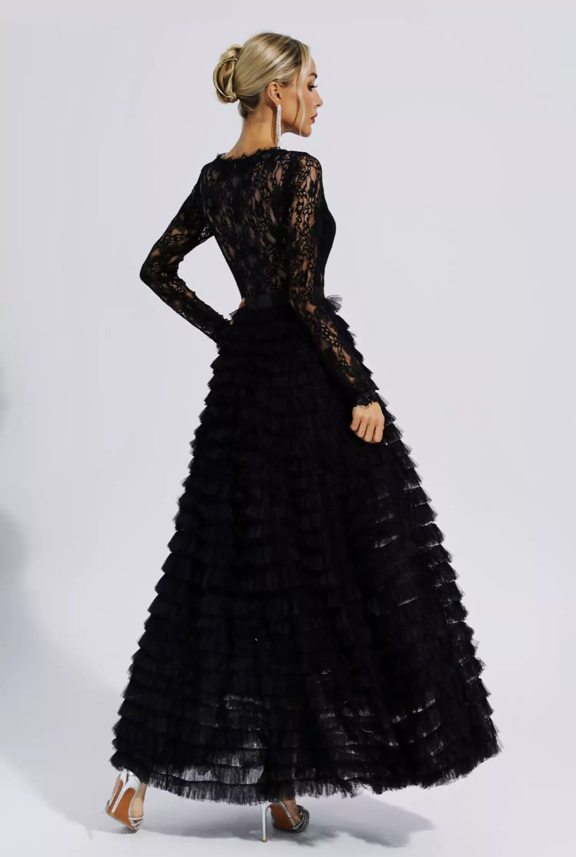 Lace black tulle maxi dress