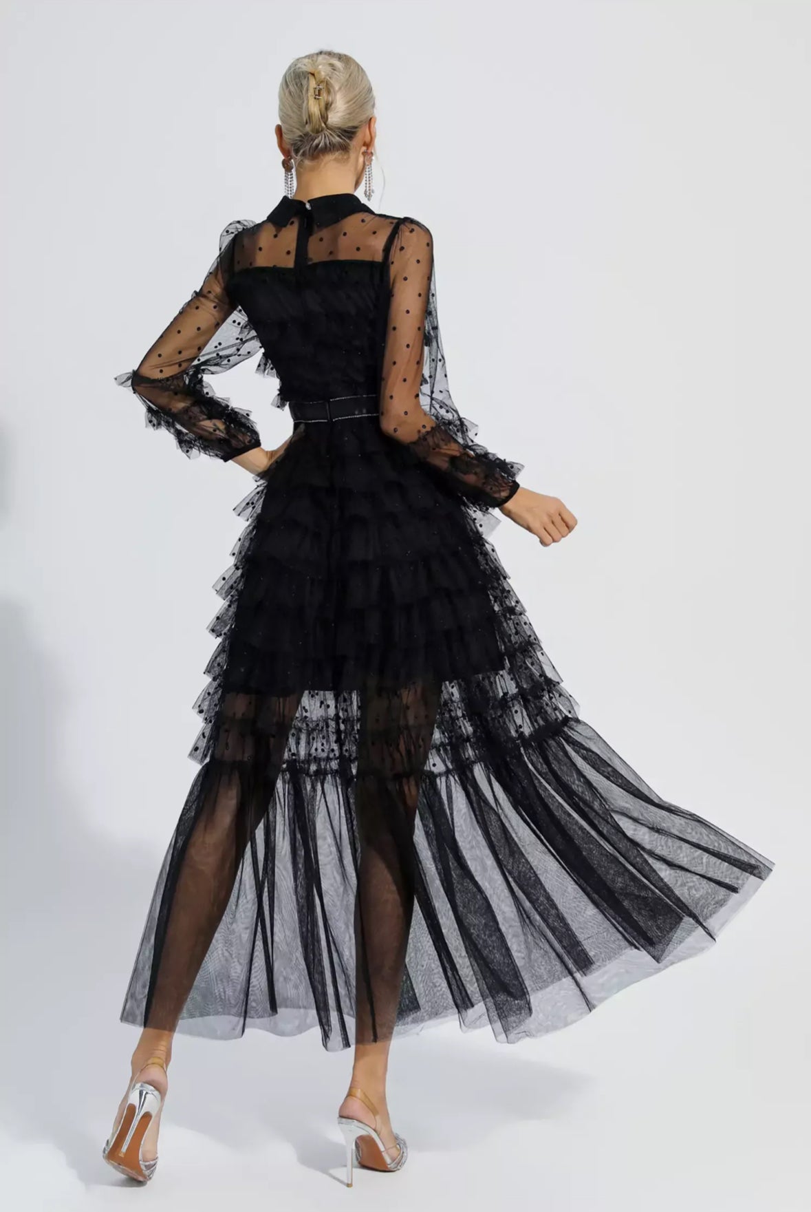Black polka dot mesh maxi dress size S