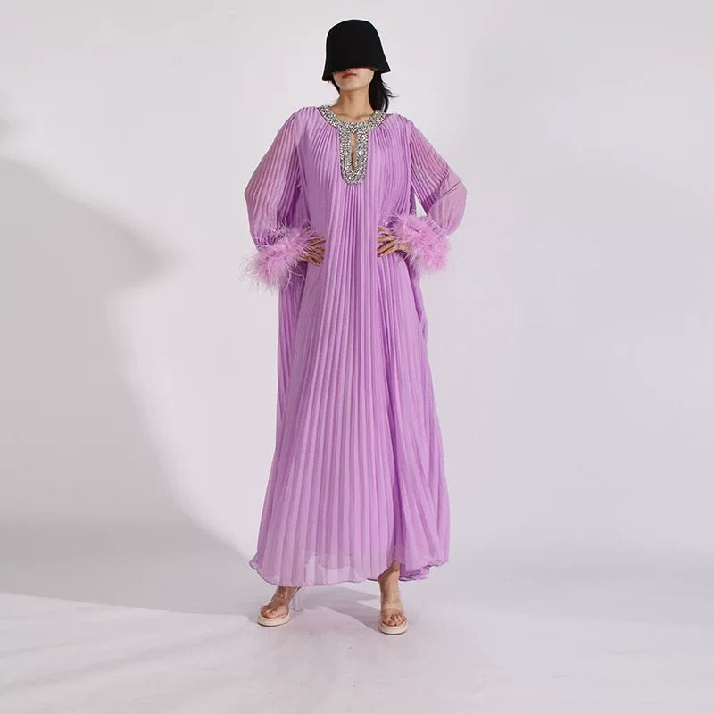 Crystal & feathers embellished purple maxi dress