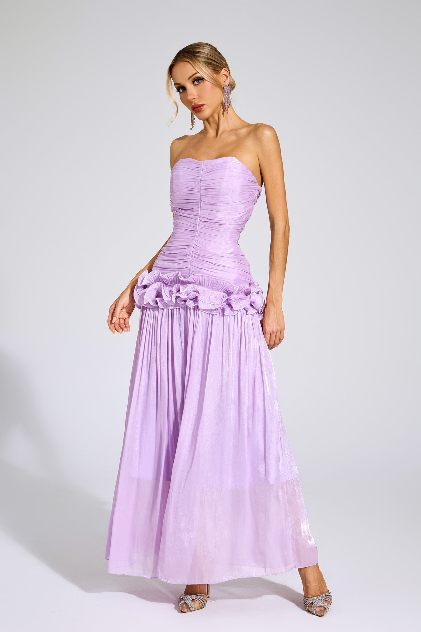 Lila Bloom Ruffle Strapless Gown