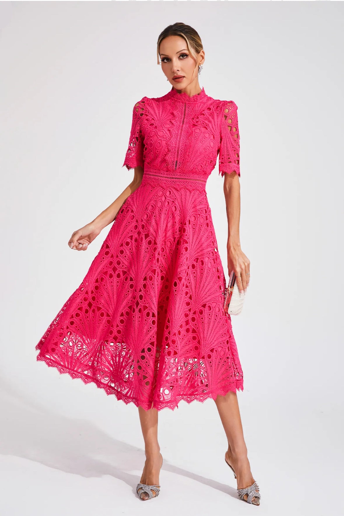 Cutout lace pink midi dress