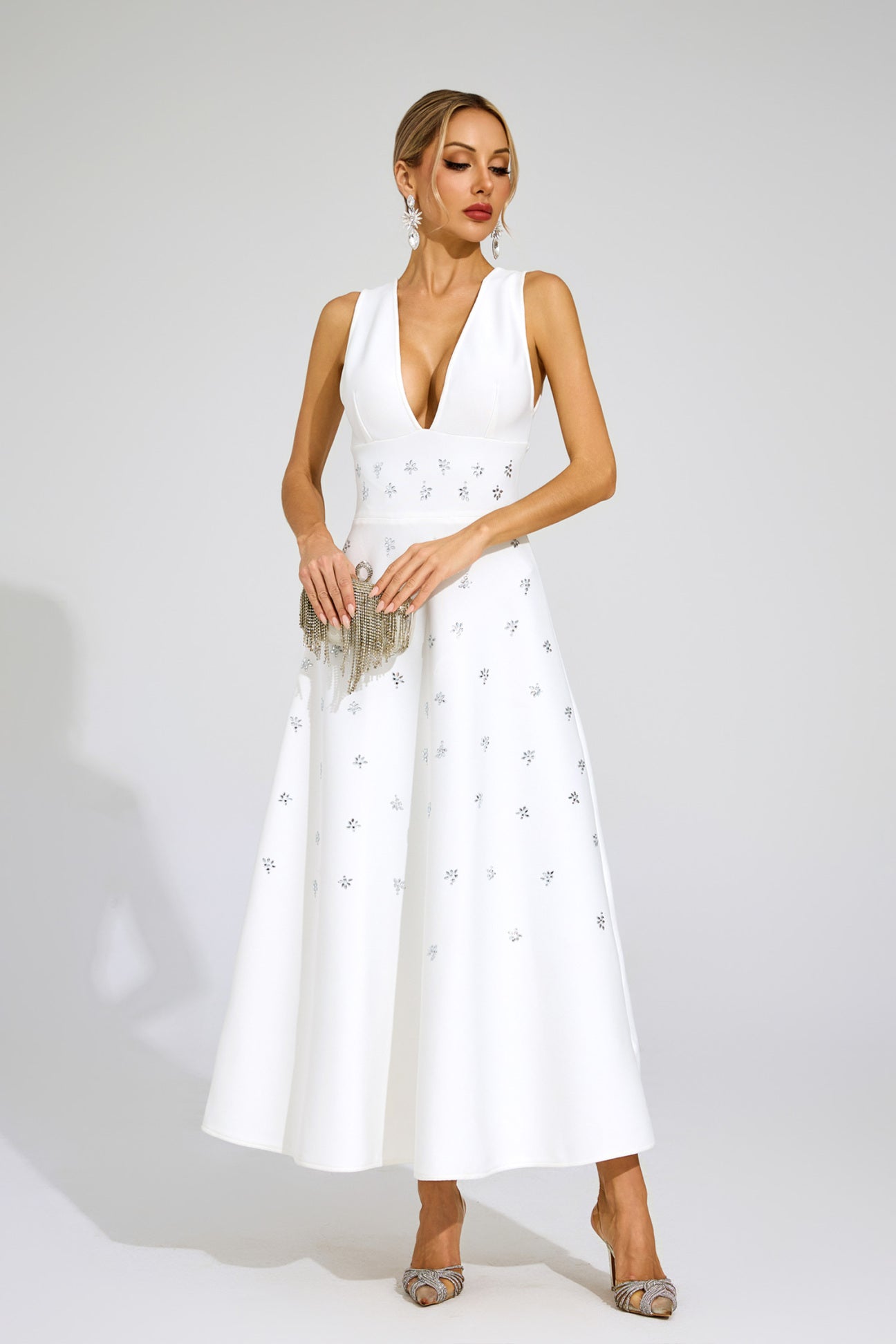 Céleste White Crystal Embellished Gown