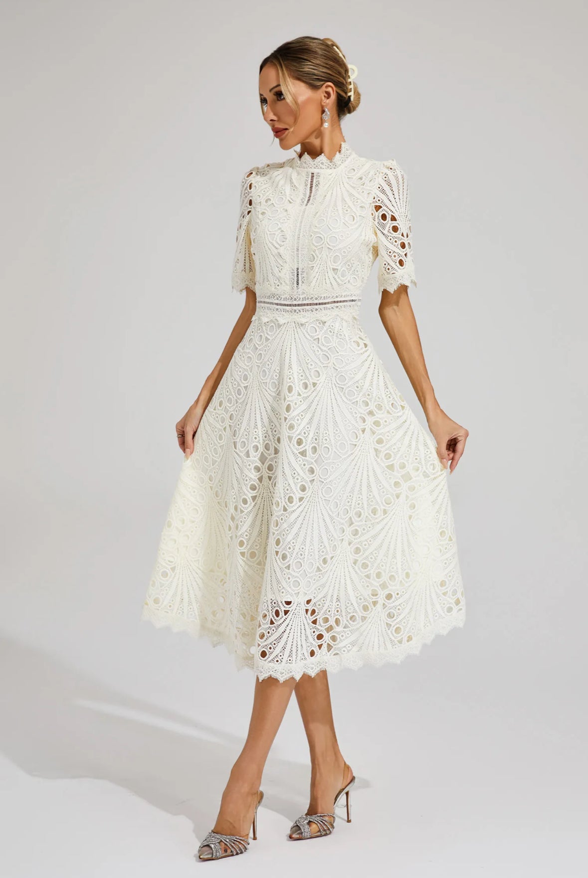Cutout lace white midi dress