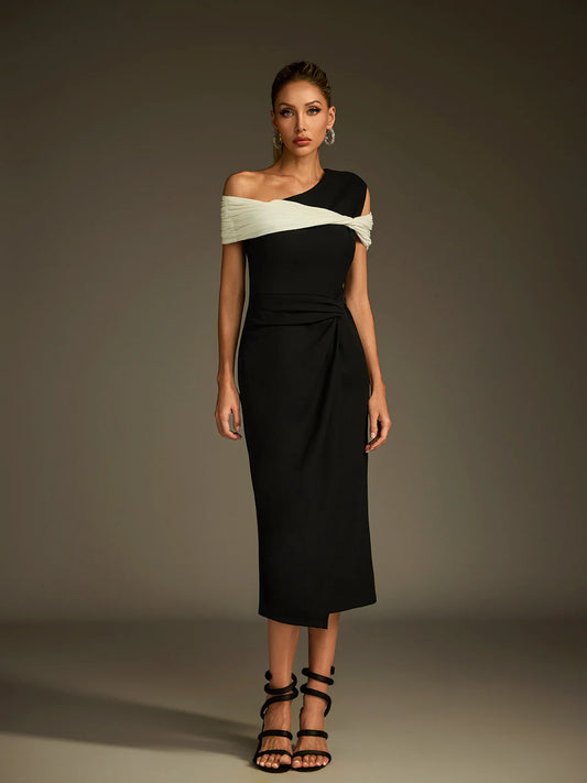 Élise Contrast Drape Midi Dress