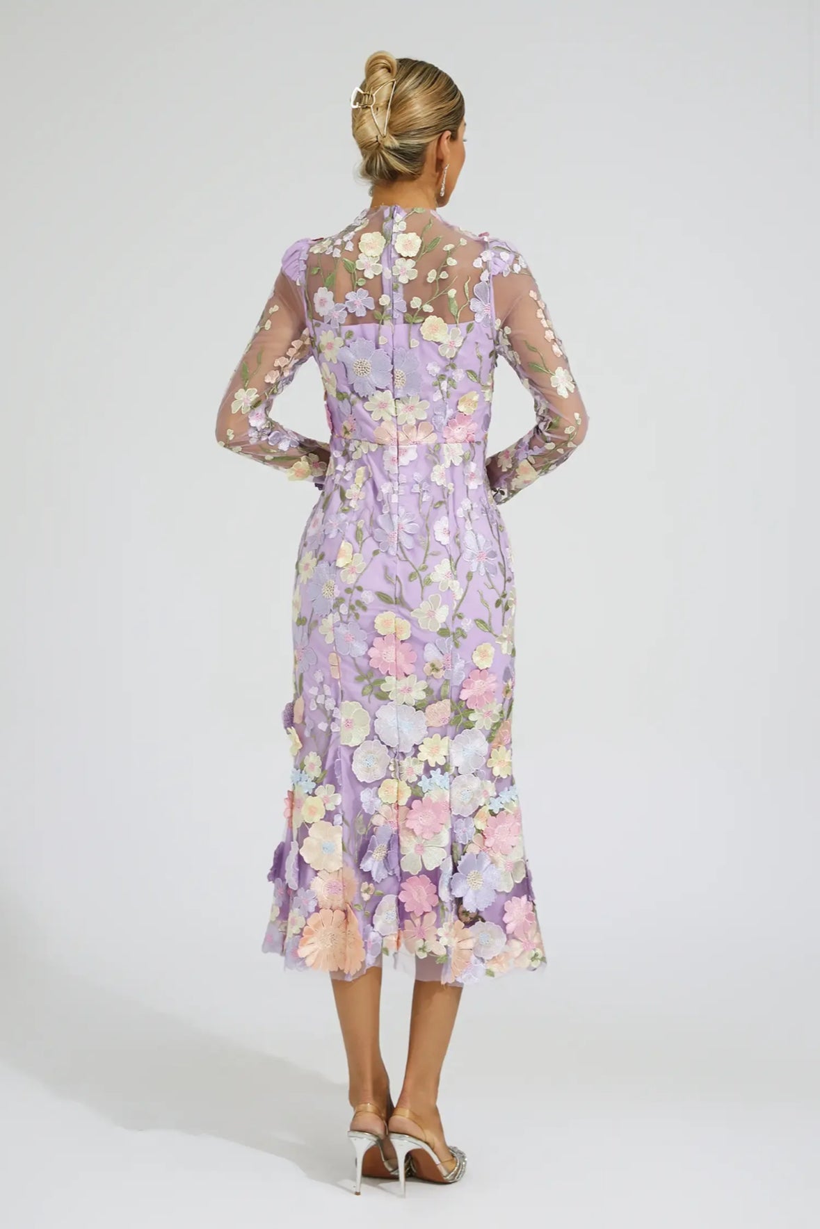 Purple flower embroidered midi dress