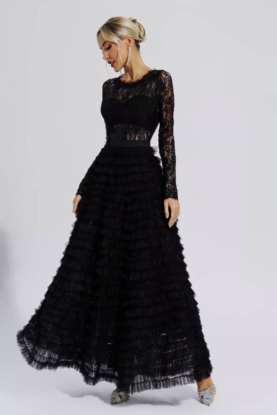 Lace black tulle maxi dress