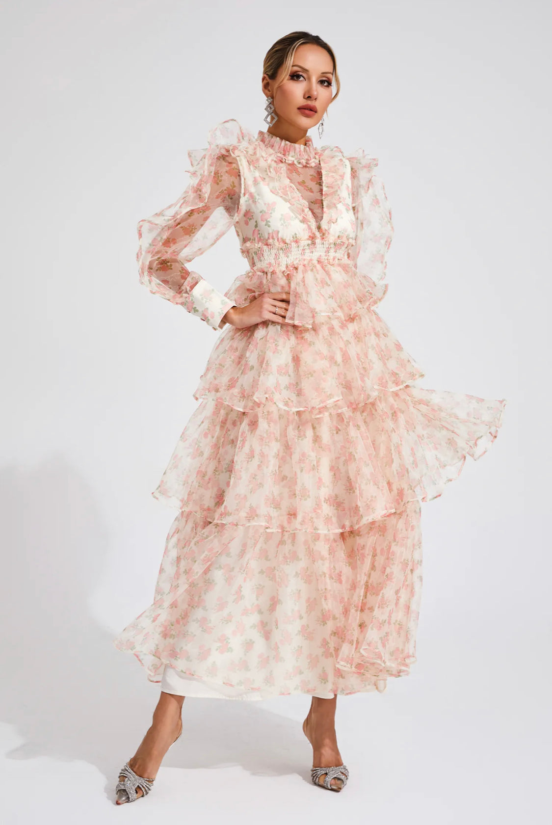 Floral mesh pink midi dress