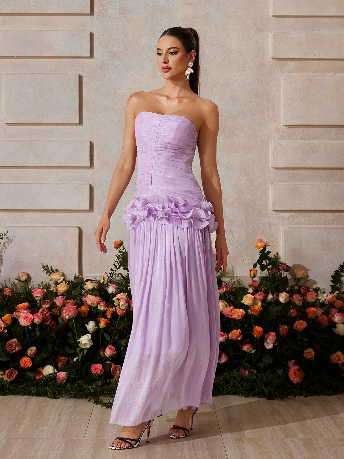 Lila Bloom Ruffle Strapless Gown