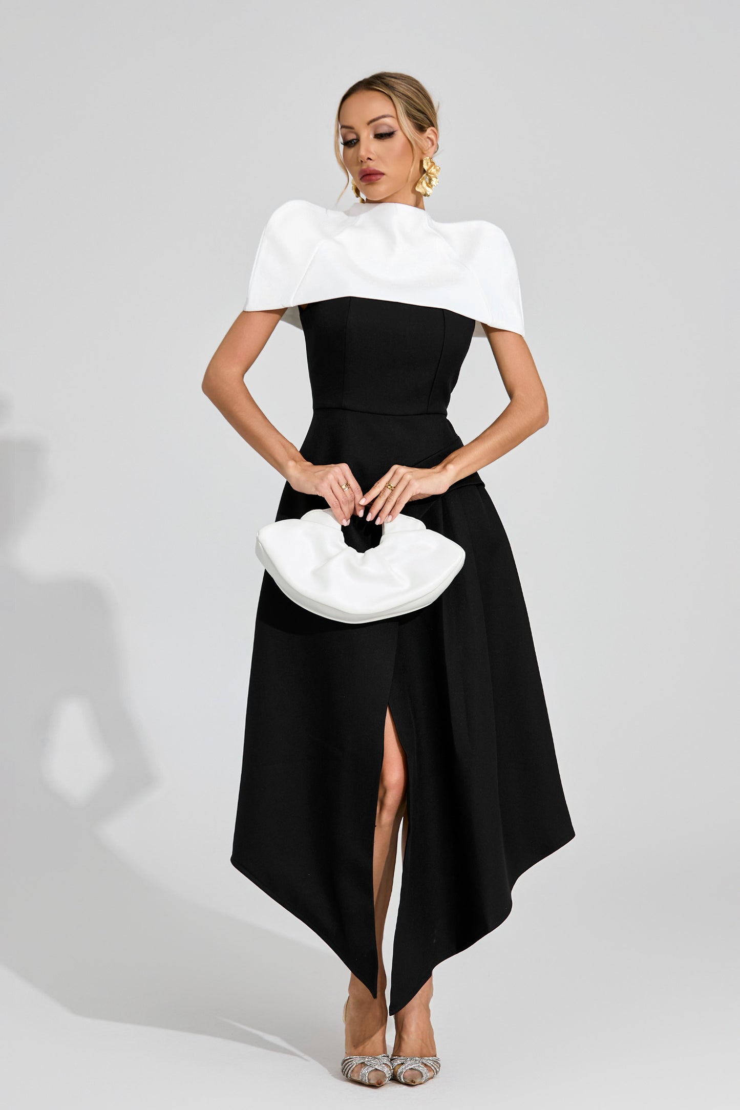 Noir Éclat Asymmetric Cape Dress