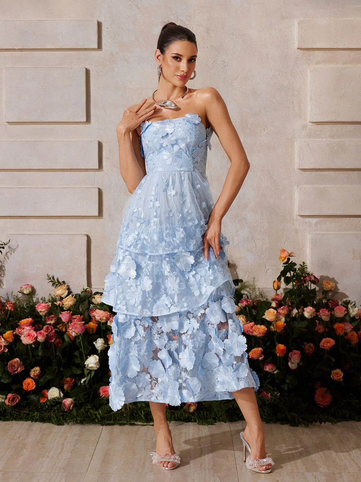 Embroidered blue flower maxi dress