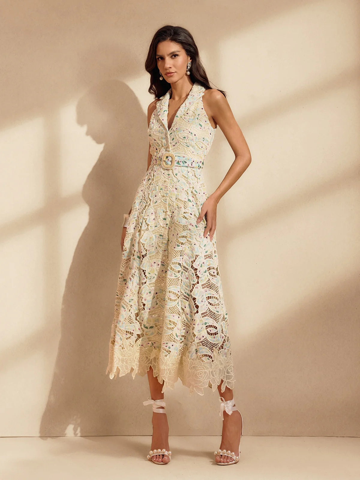 Pastel Bloom Lace Midi Dres