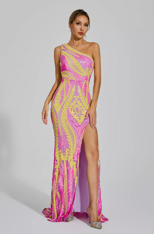 Phelps yellow/pink sequin maxi dress
