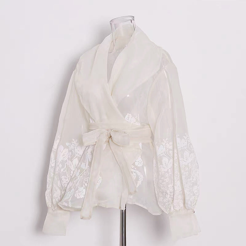 Semi Sheer Embroidered Wrap Blouse – Ivory