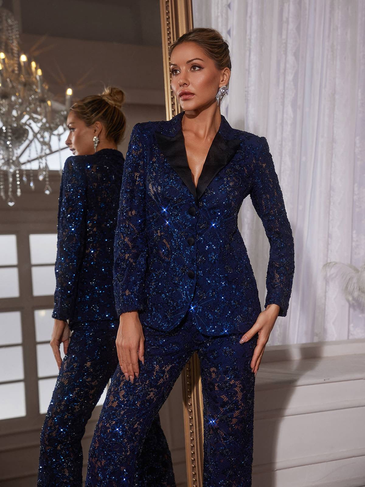Blue sequins blazer suit set size S
