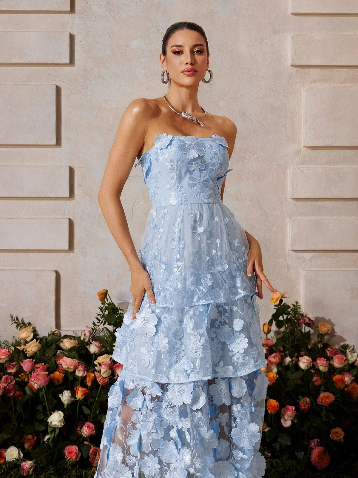 Embroidered blue flower maxi dress