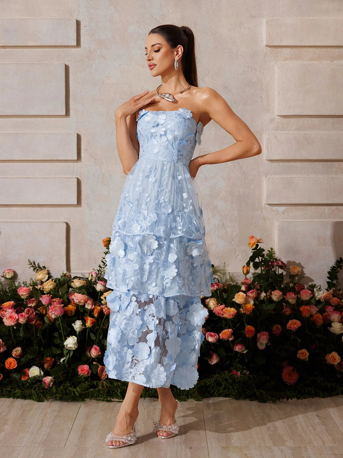 Embroidered blue flower maxi dress