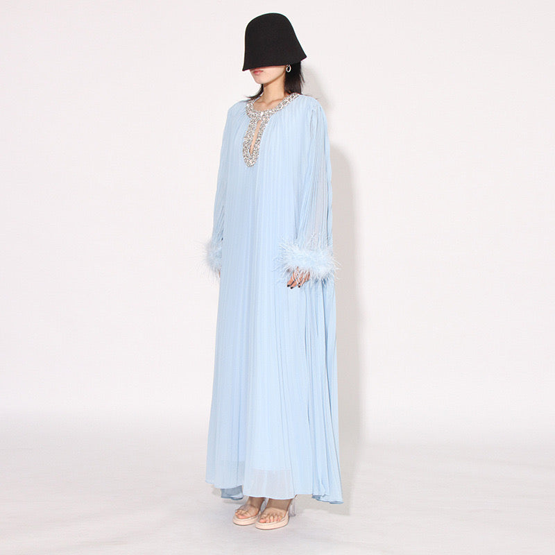 Crystal & feathers embellished blue maxi dress