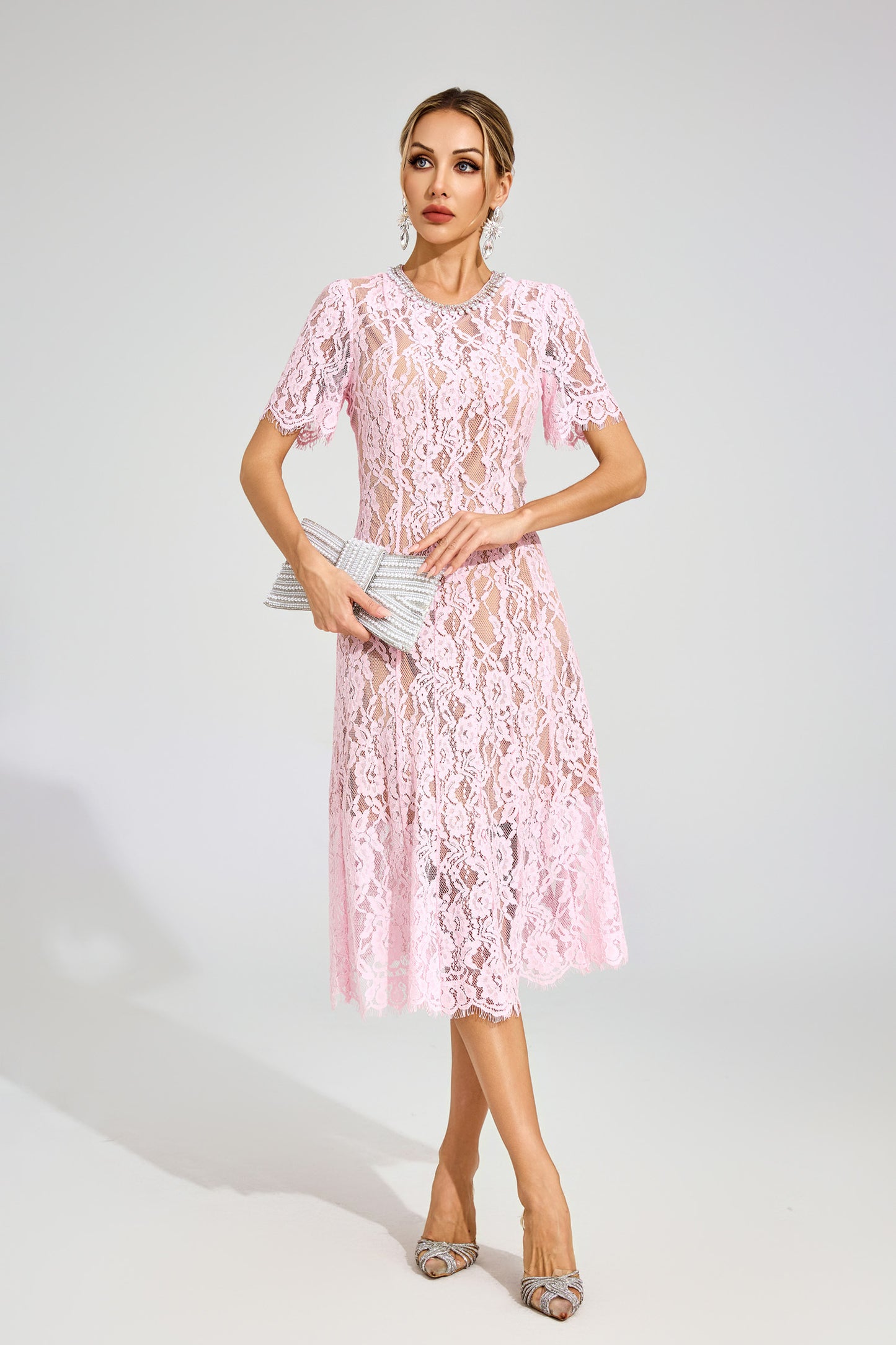 Jolie Sheer Pink Lace Midi Dress