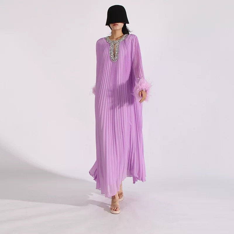 Crystal & feathers embellished purple maxi dress