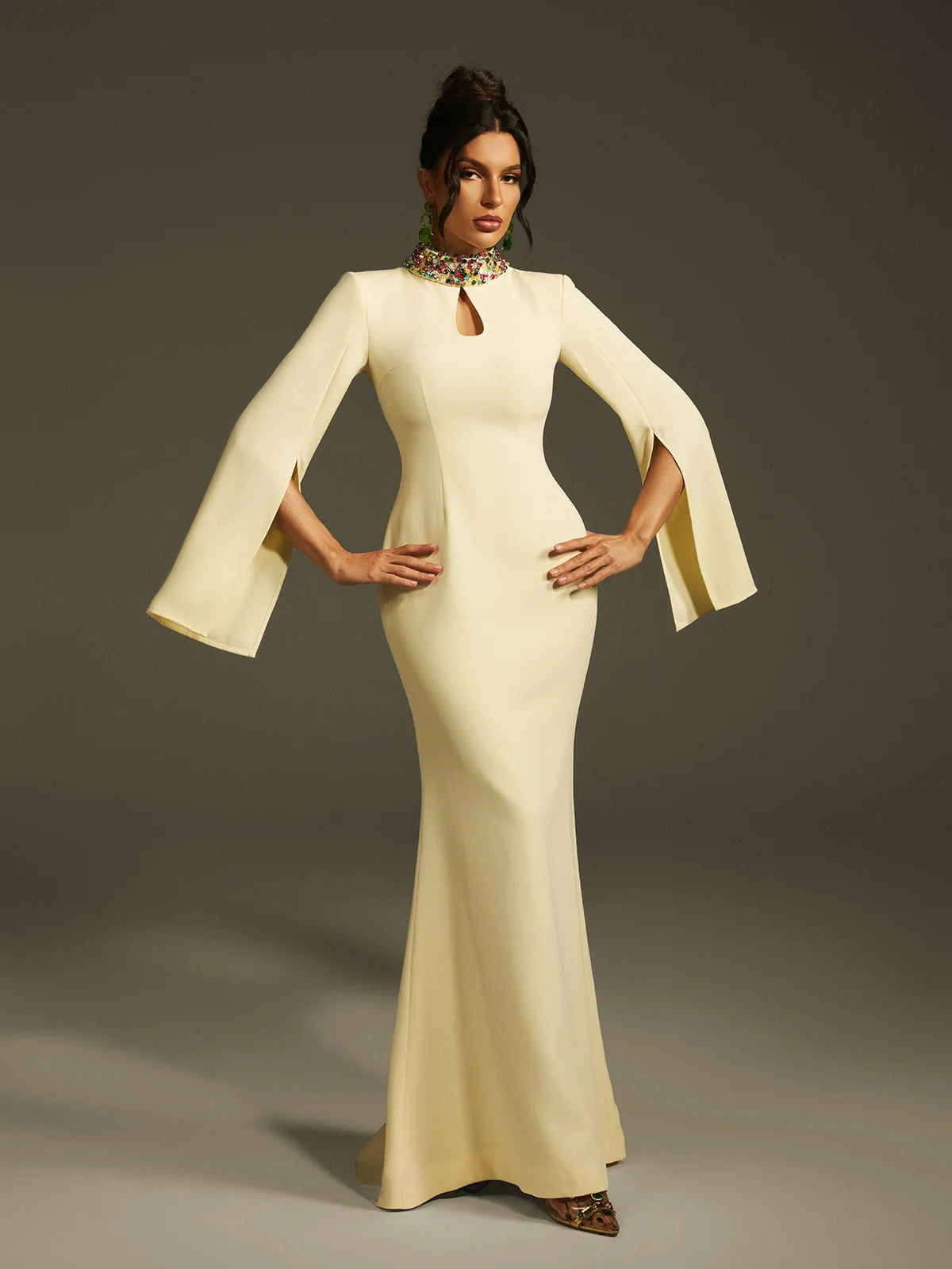 Aurora Crystal Collar Cape Gown