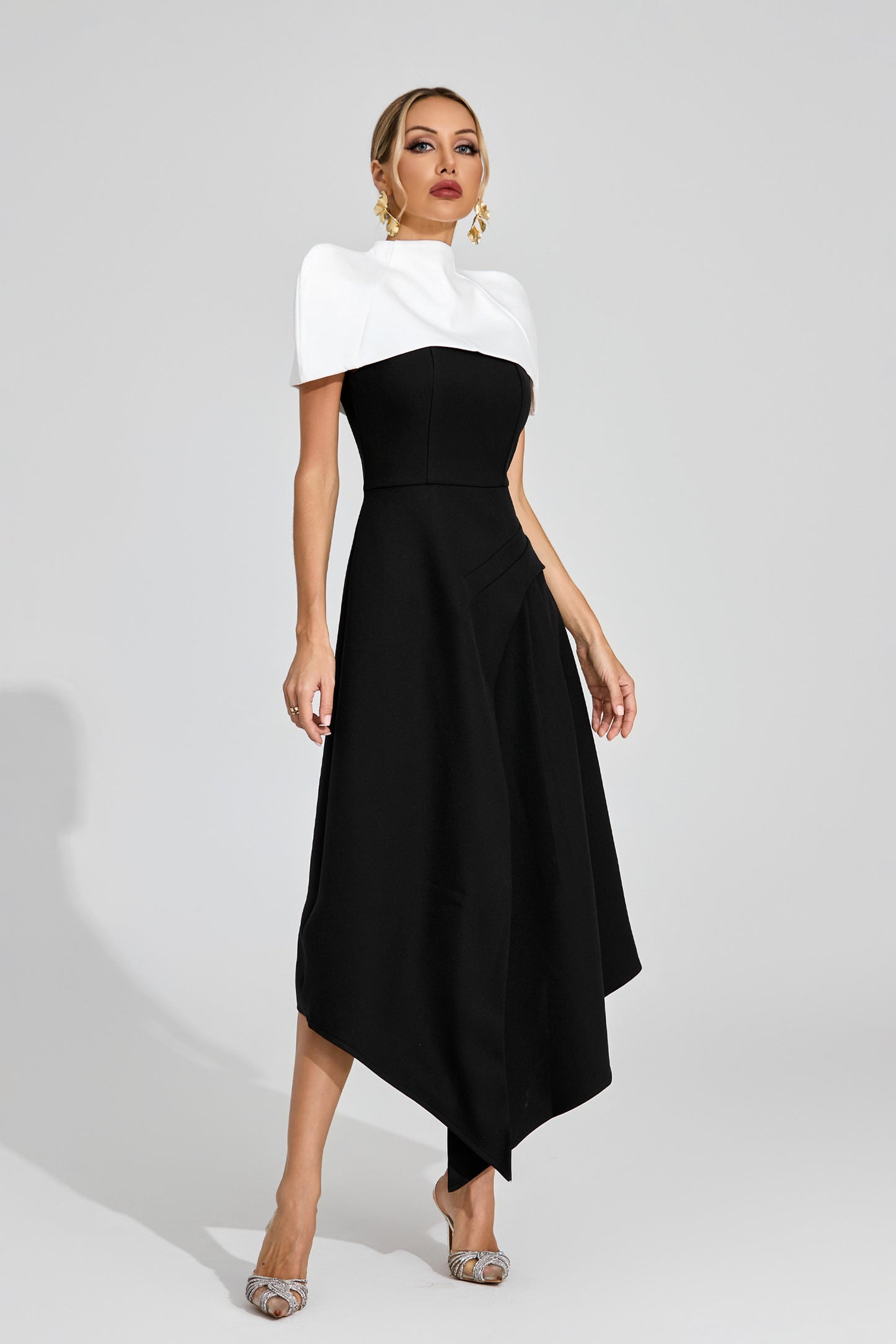 Noir Éclat Asymmetric Cape Dress