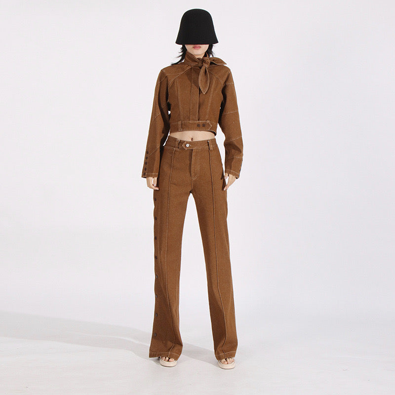 Brown denim side button set