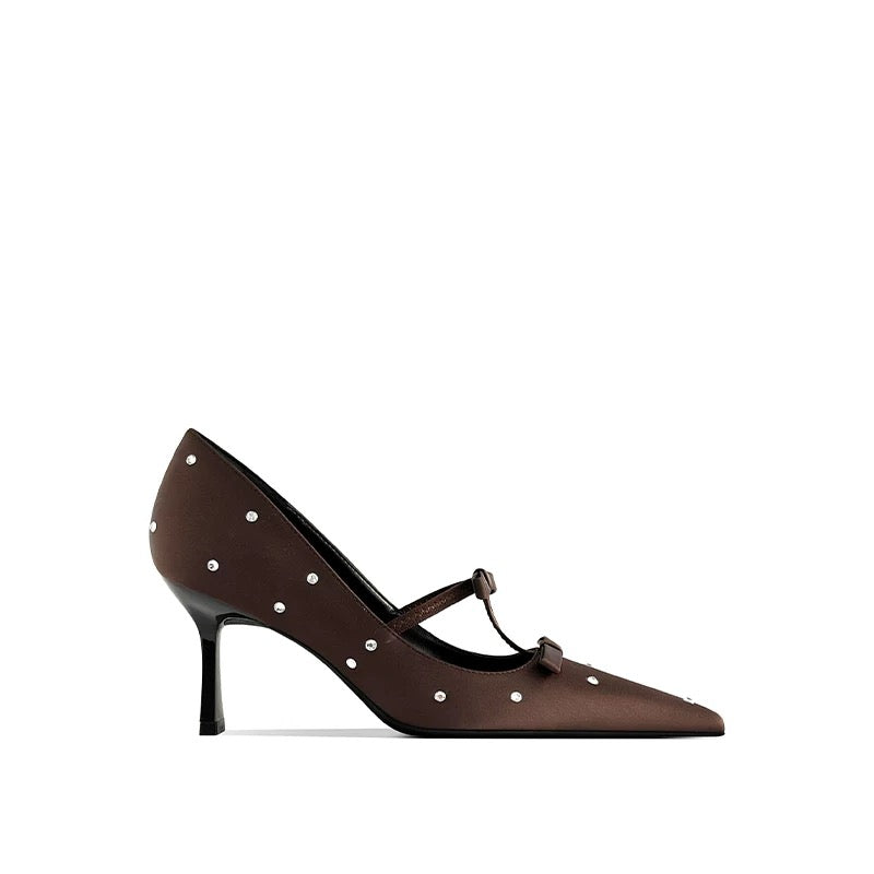 Brown Dot Bow-Accent Stiletto Pump