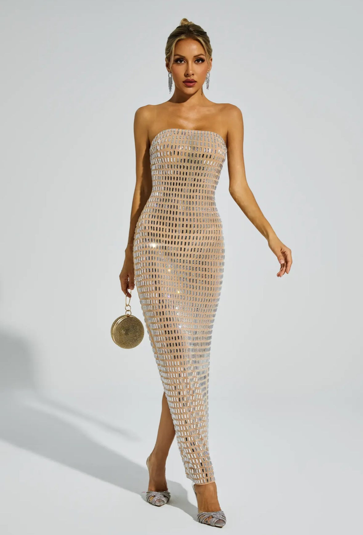 Rhinestone black Mesh maxi dress