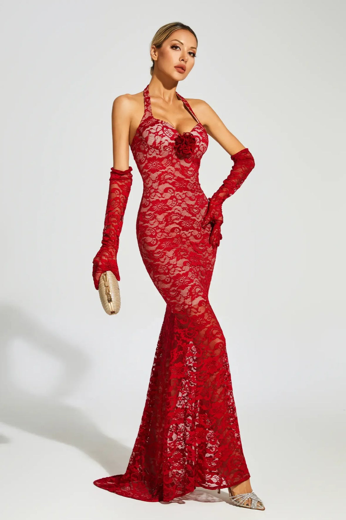 Red lace flower maxi dress