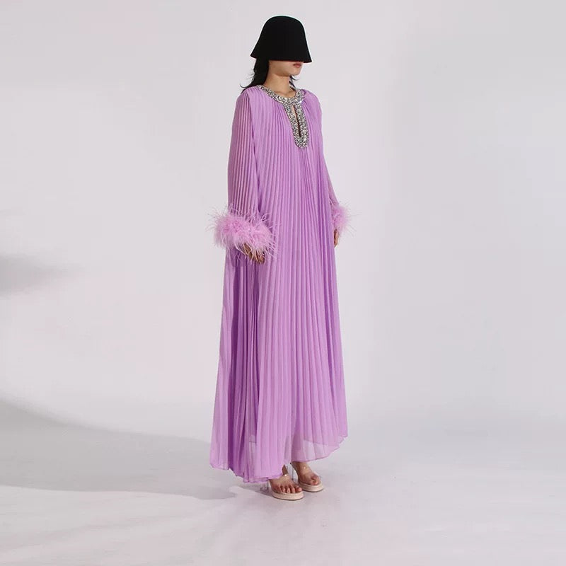 Crystal & feathers embellished purple maxi dress