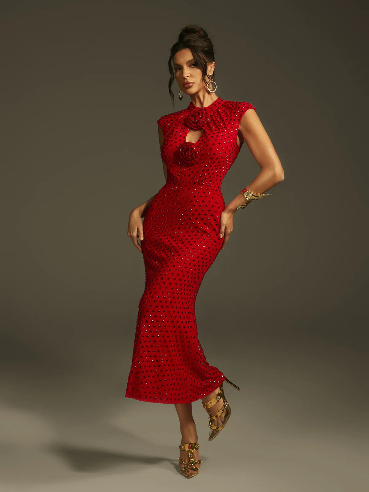 Scarlet Crystal Rose Midi Dress