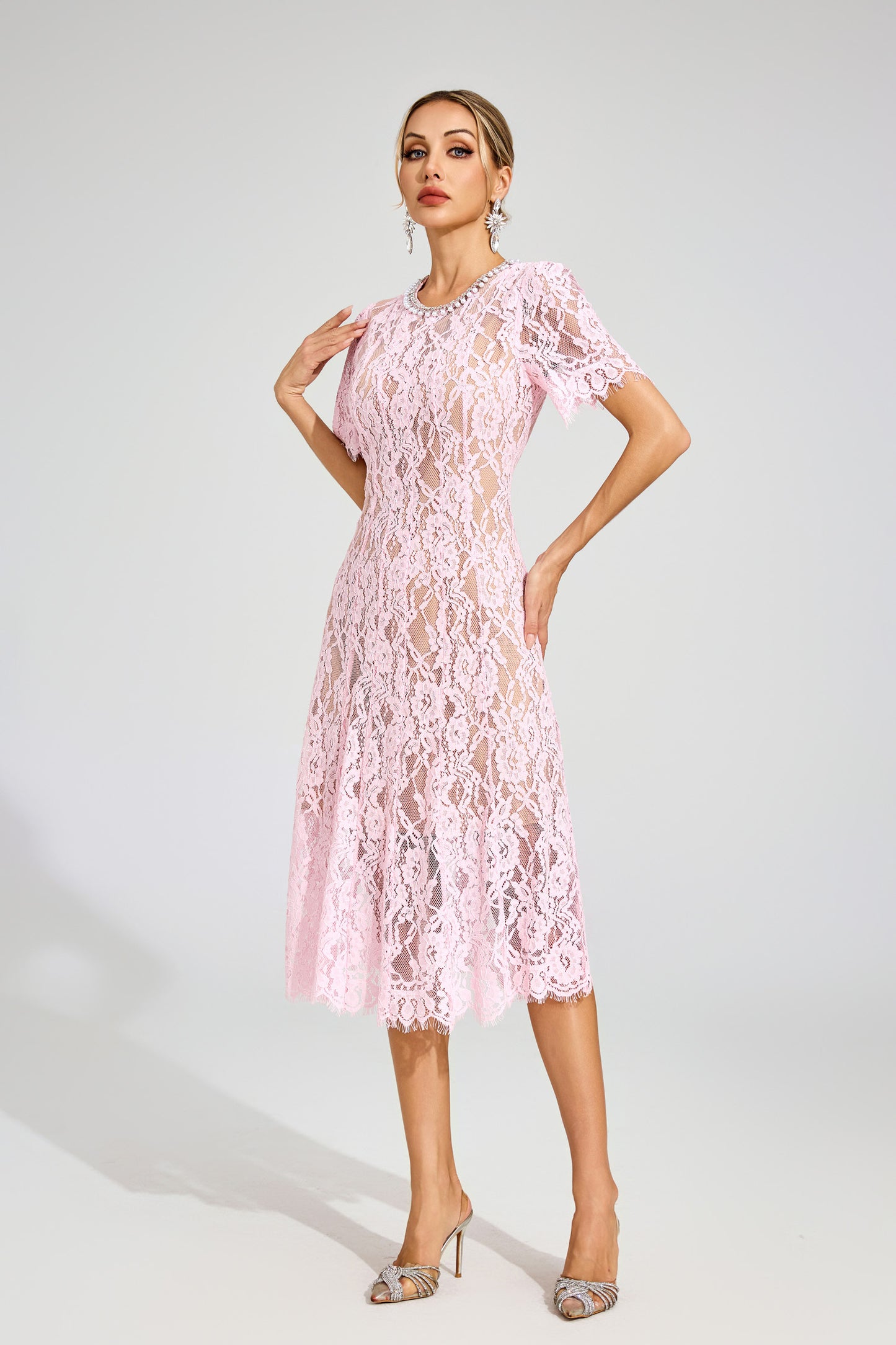 Jolie Sheer Pink Lace Midi Dress