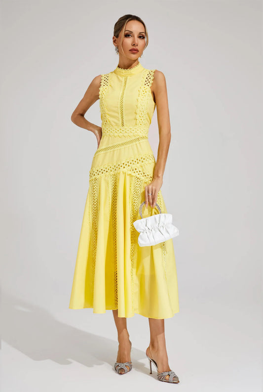 Yellow lace sleeveless midi dress