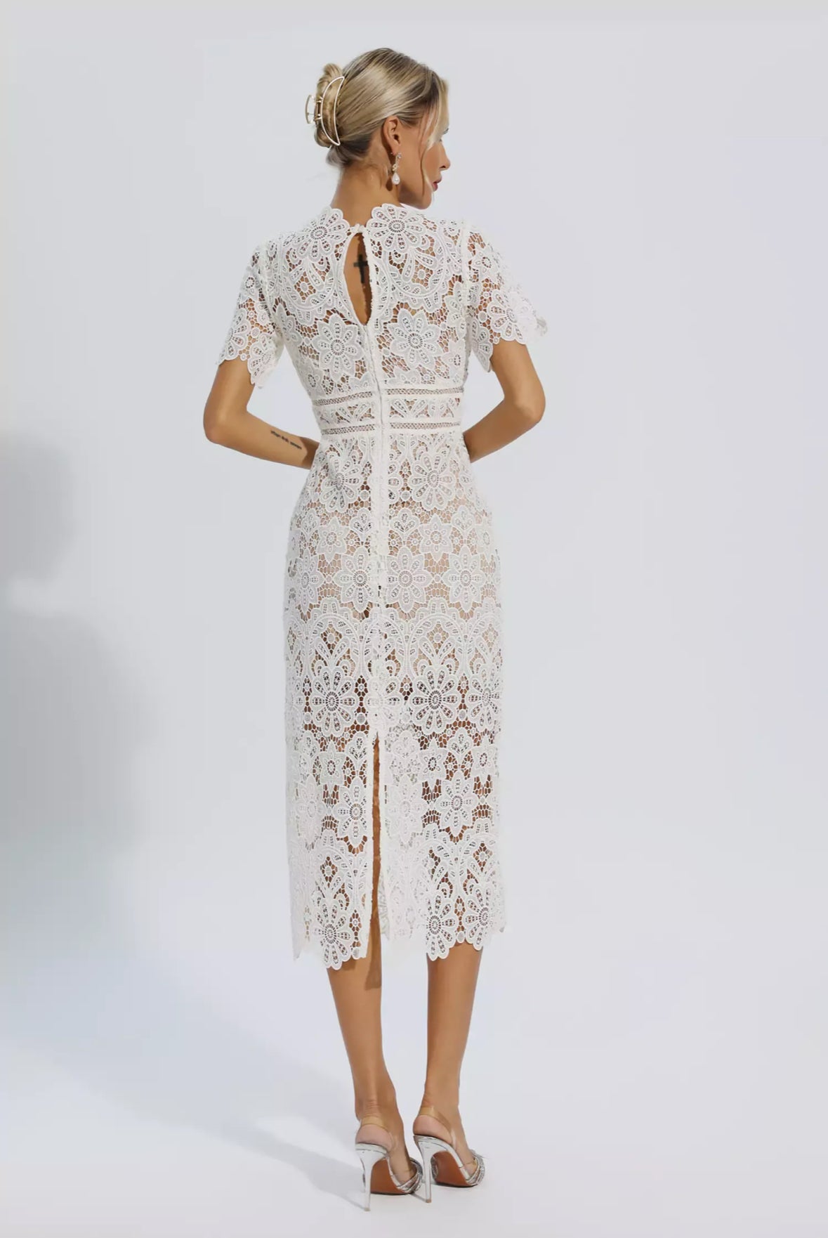 White lace cutout midi dress