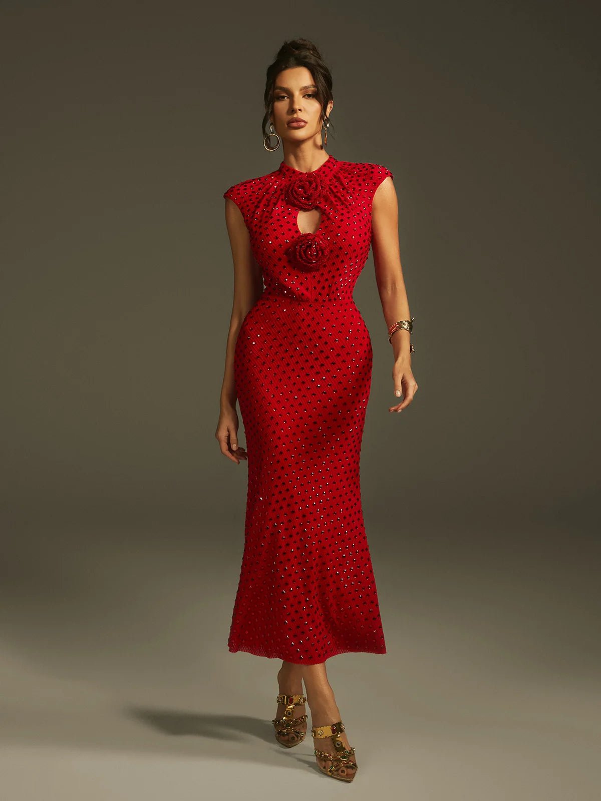 Scarlet Crystal Rose Midi Dress