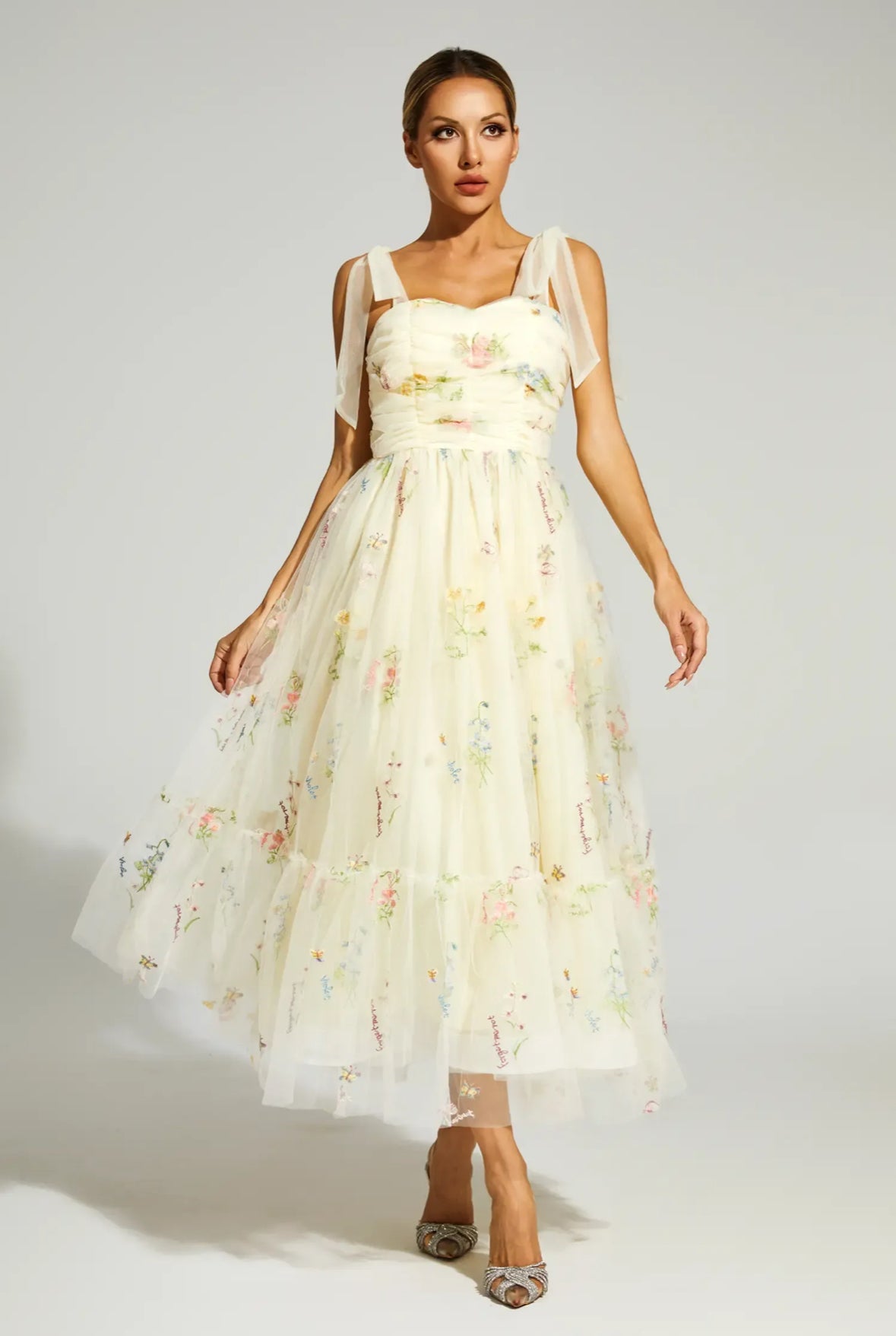 Pale yellow mesh floral midi dress