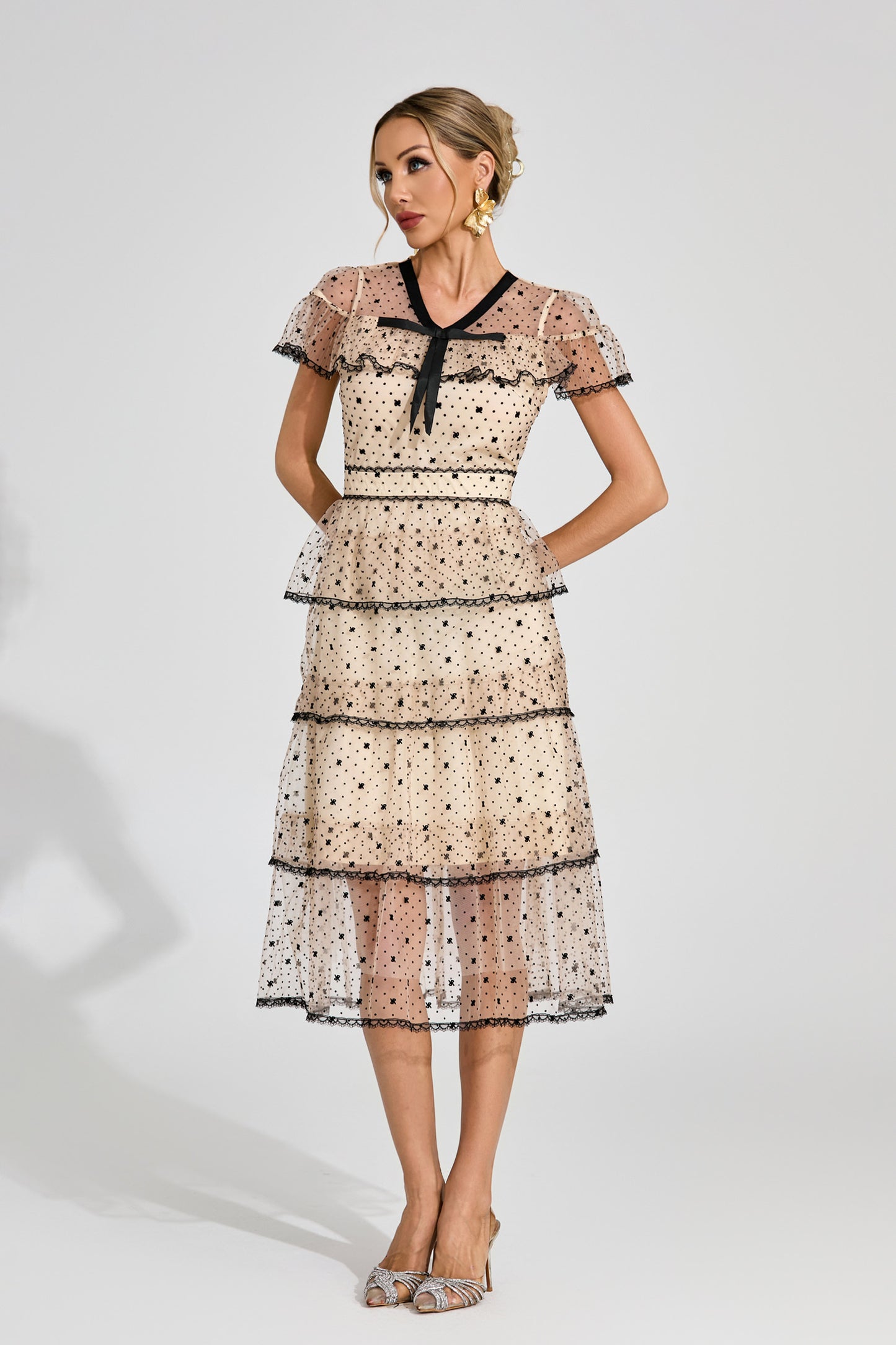 Étoile Noir Tiered Polka Dot Lace Midi Dress