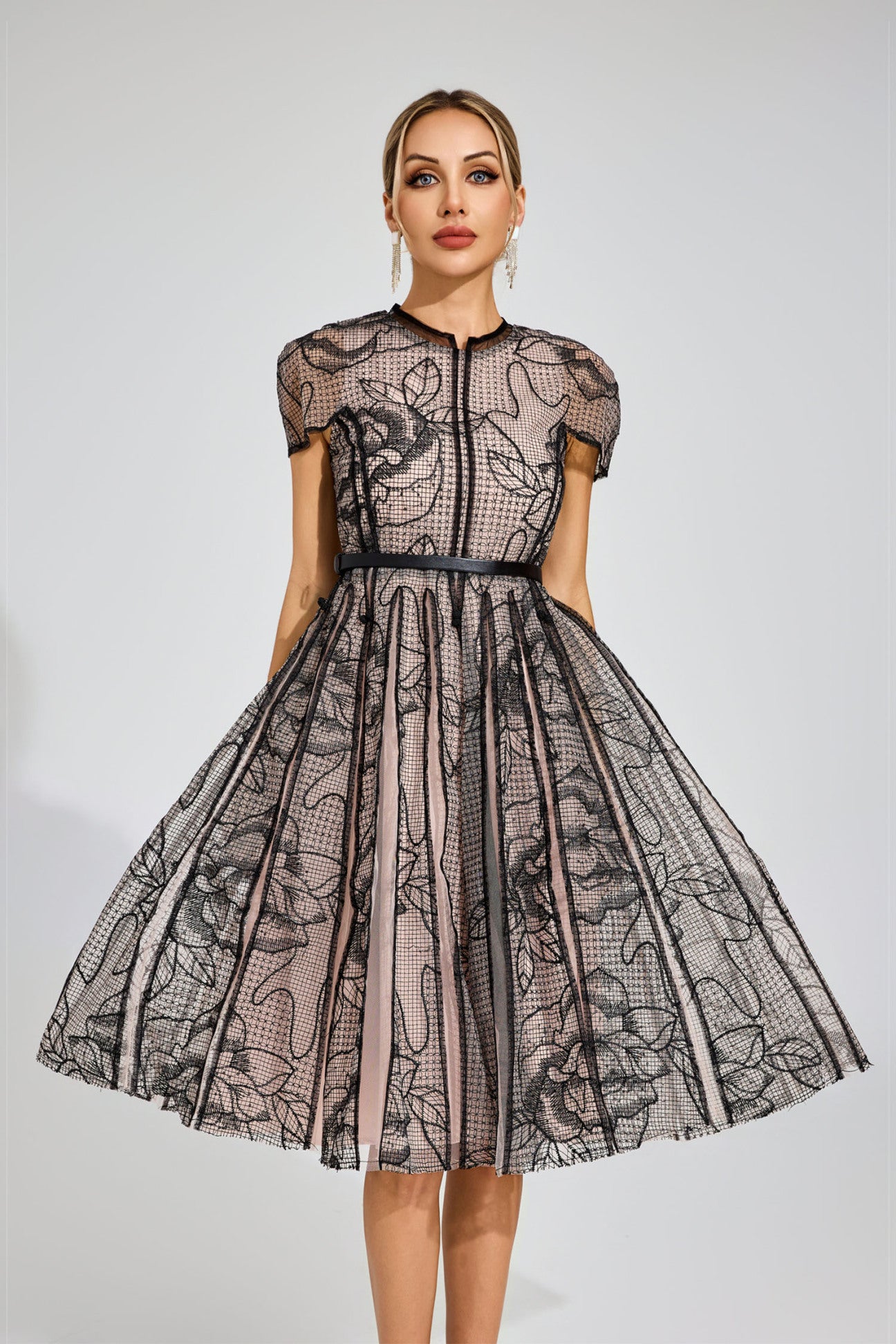 Noire Fleur Embroidered Mesh Dress
