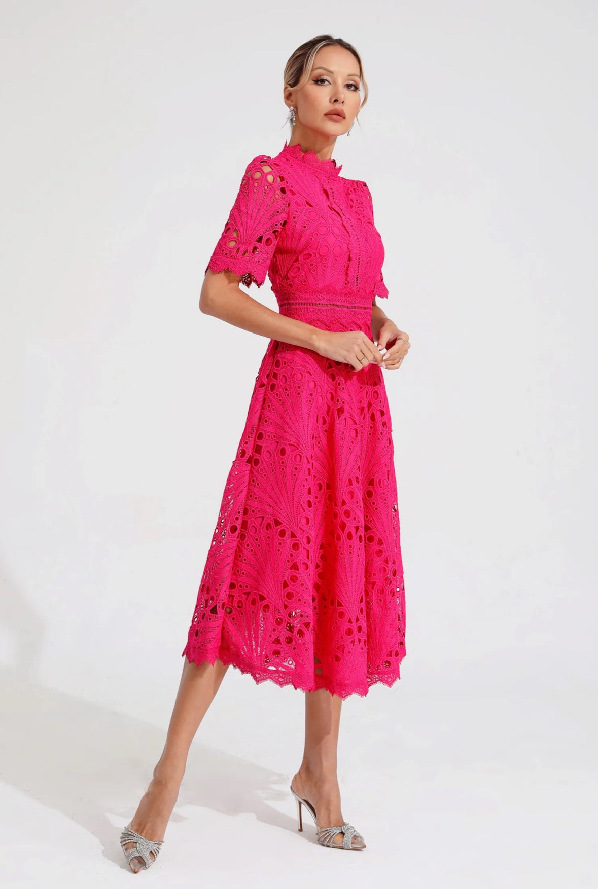 Cutout lace pink midi dress
