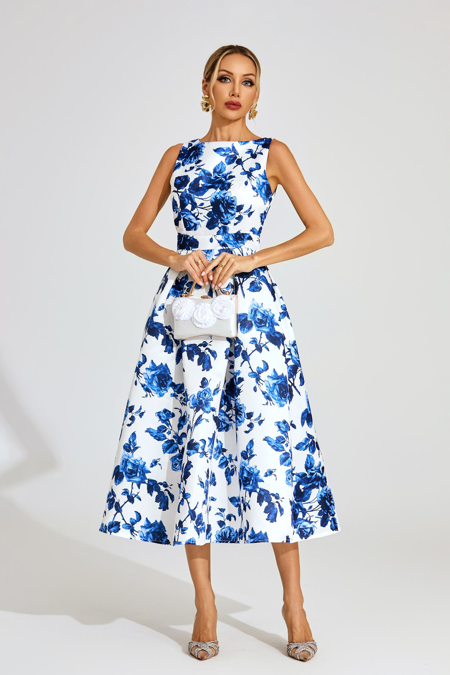 Azure Blossom A-Line Midi Dress