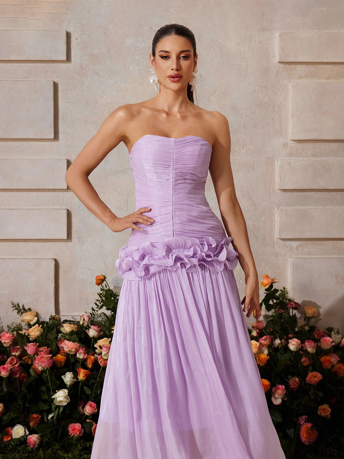 Lila Bloom Ruffle Strapless Gown