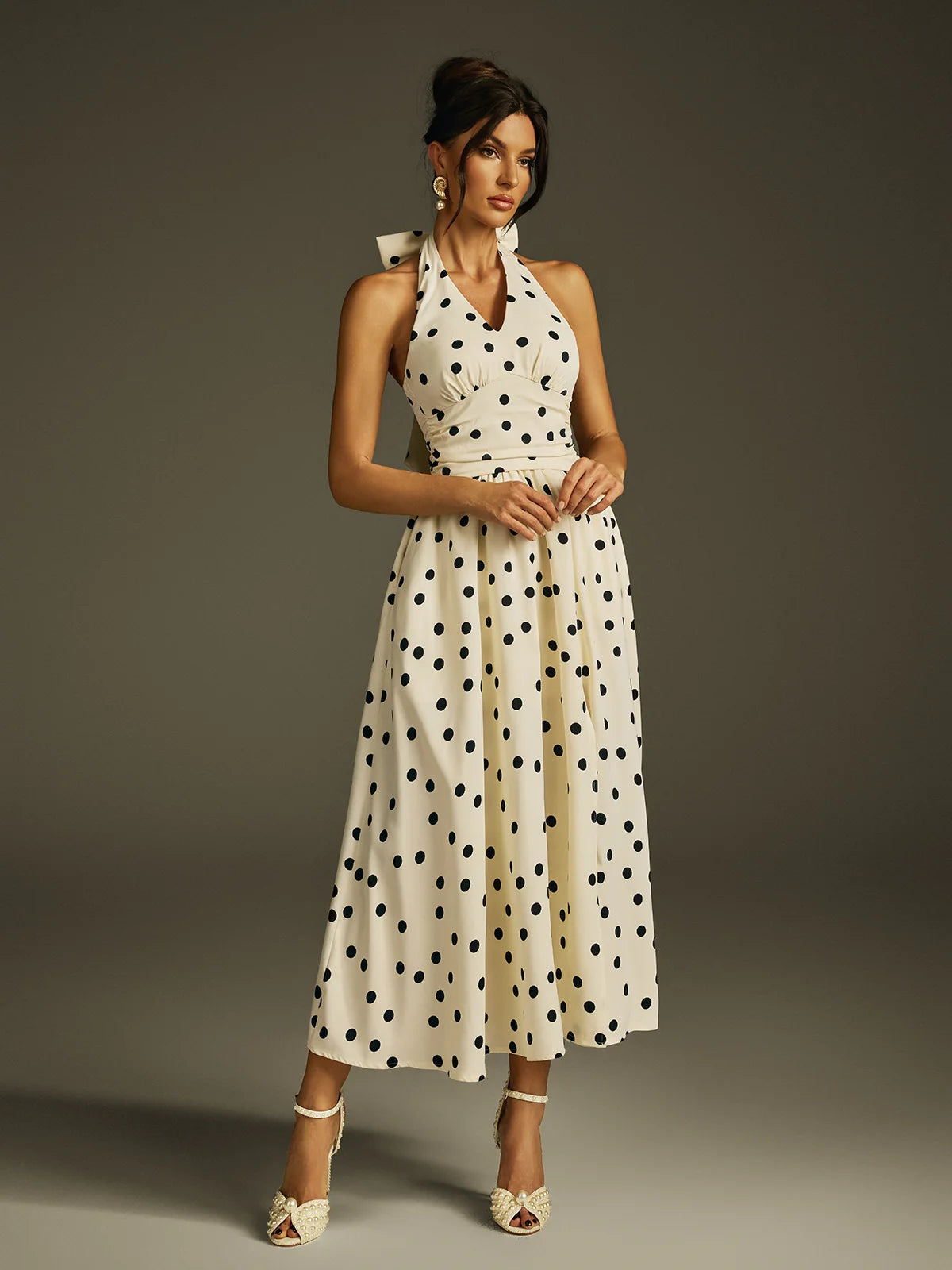 Colette Polka Bow Halter Midi Dress