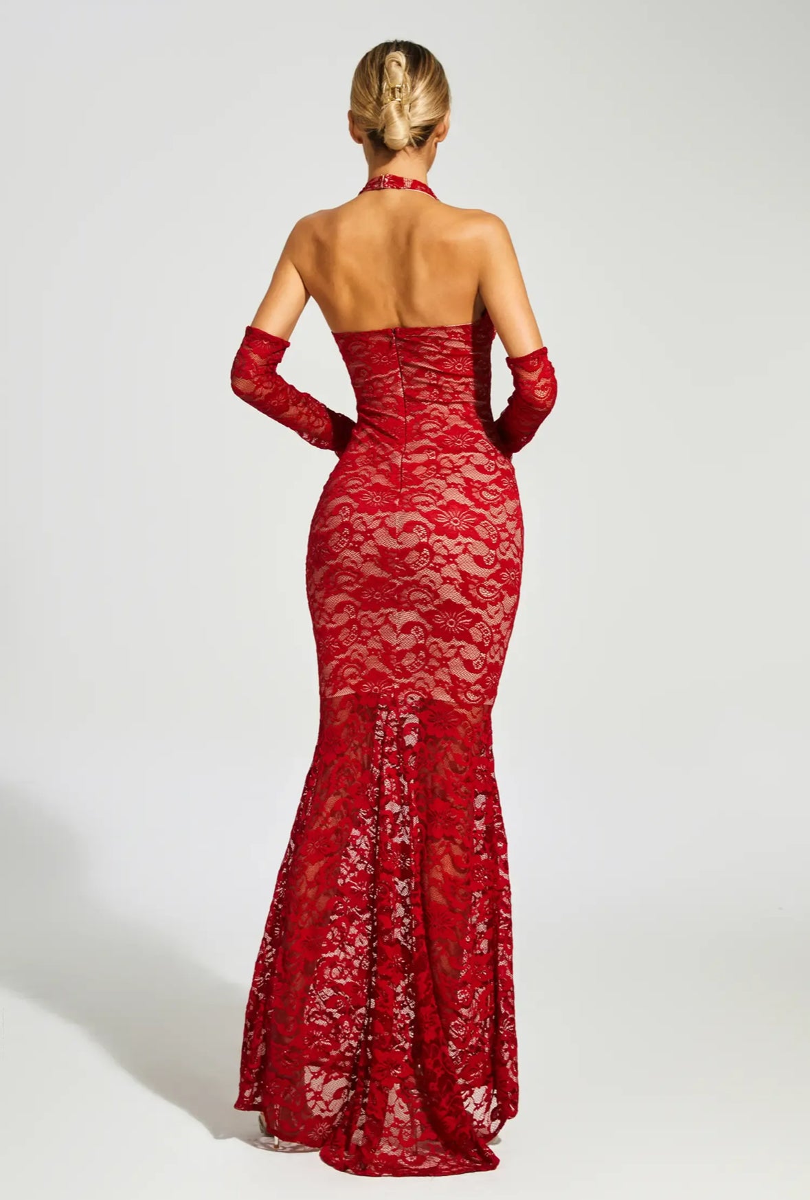 Red lace flower maxi dress