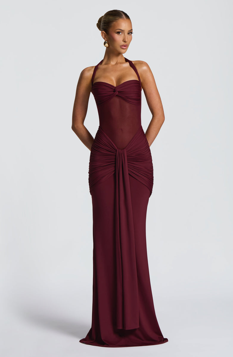 Soleil Illusion Draped Halter Gown