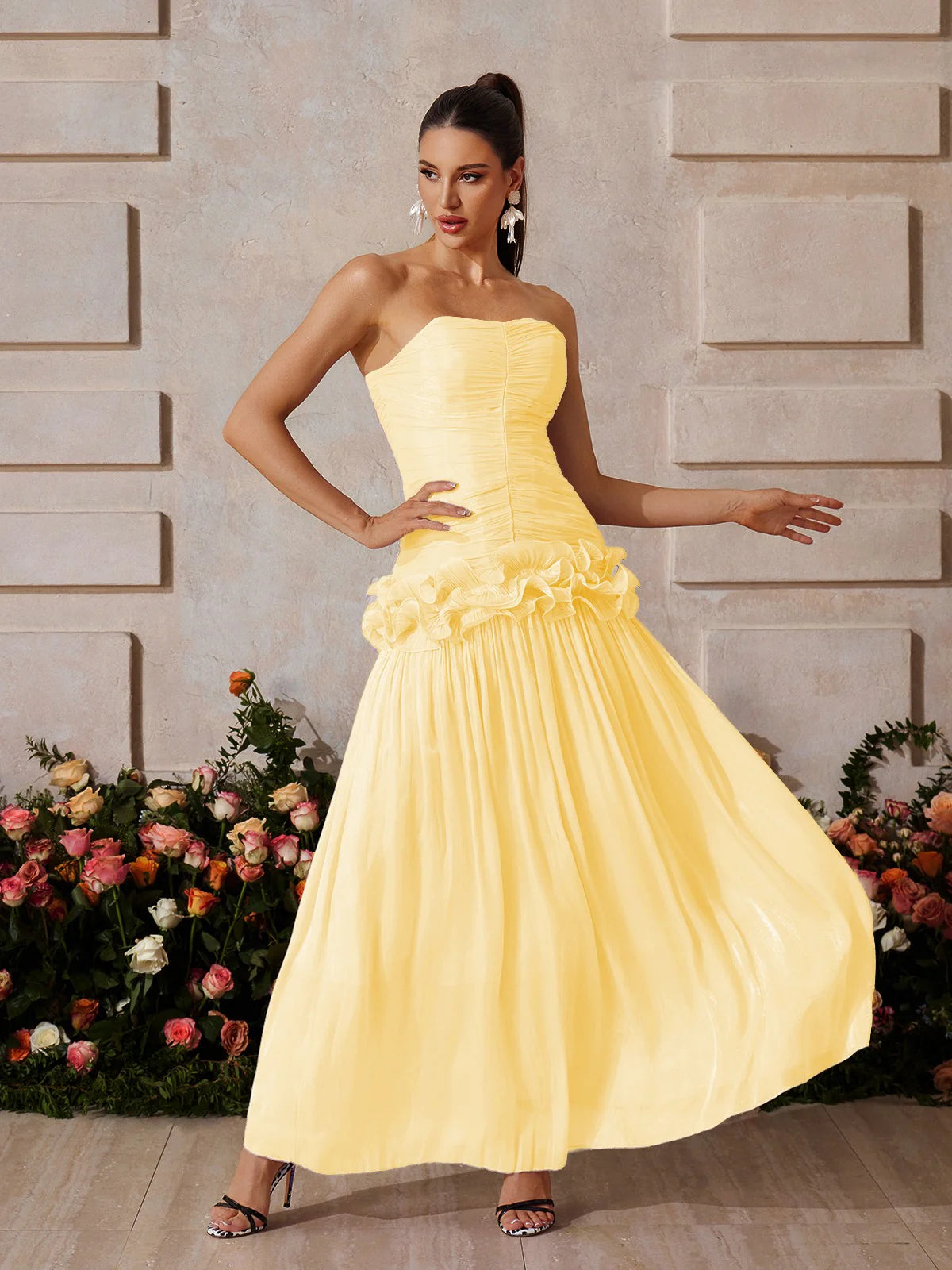 Lila Bloom Ruffle Strapless Gown